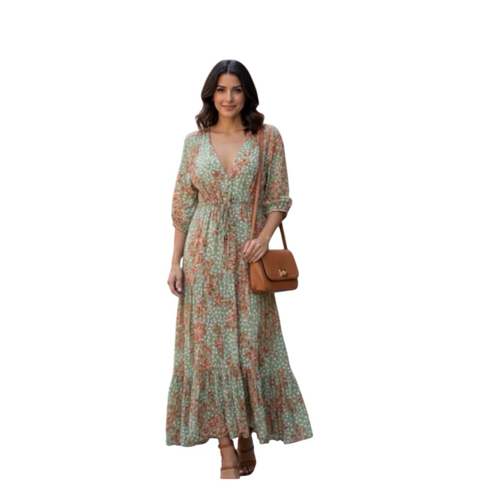 Anthropologie Abel The Label Green Orange Maxi Dress Sz M